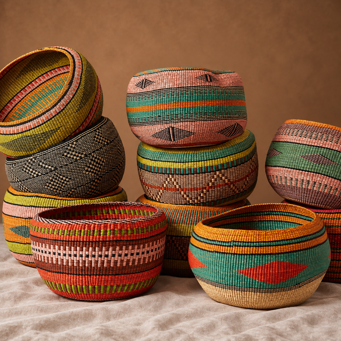 Yellow and pink woven baskets styled on a coffee table