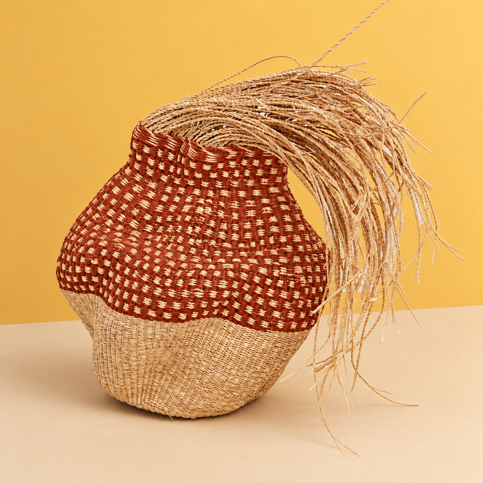 Handwoven sculptural basket- natural and terracotta
