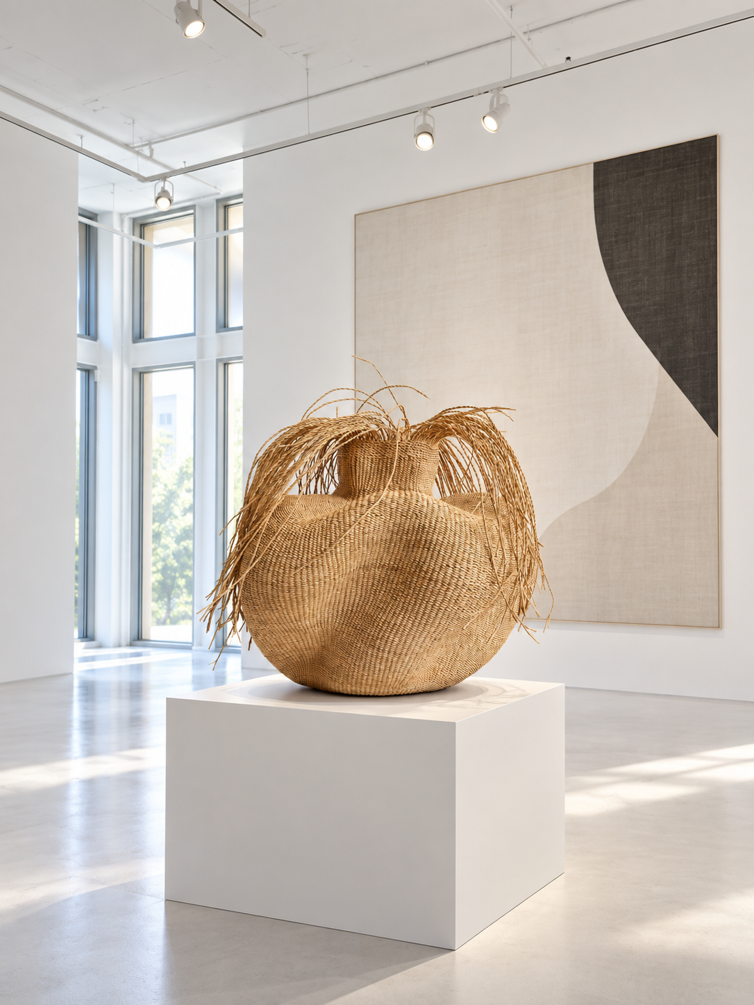 Woven straw sculpture with loose fibres on a white plinth in a bright gallery