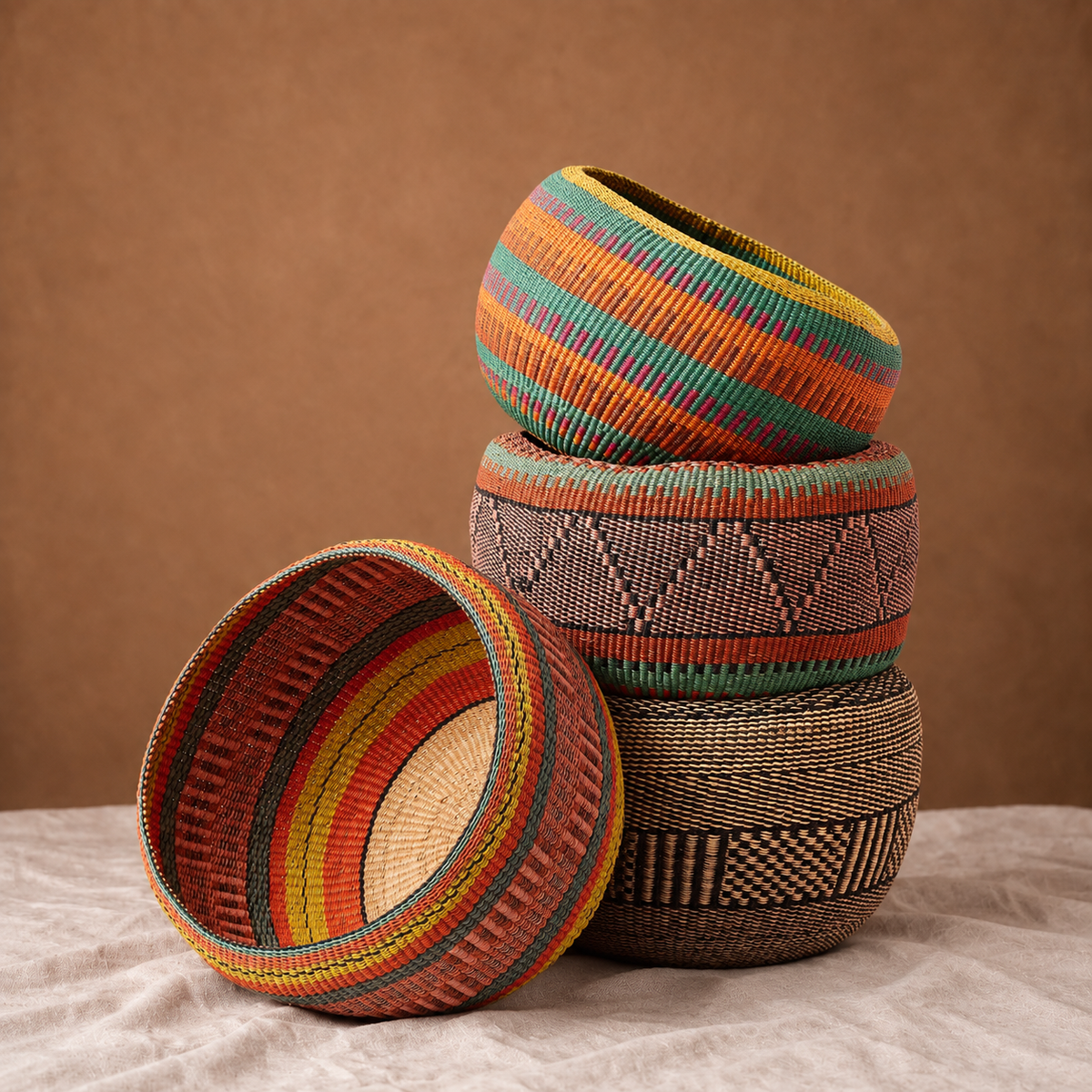 Stacked woven bowls in different colourways and patterns