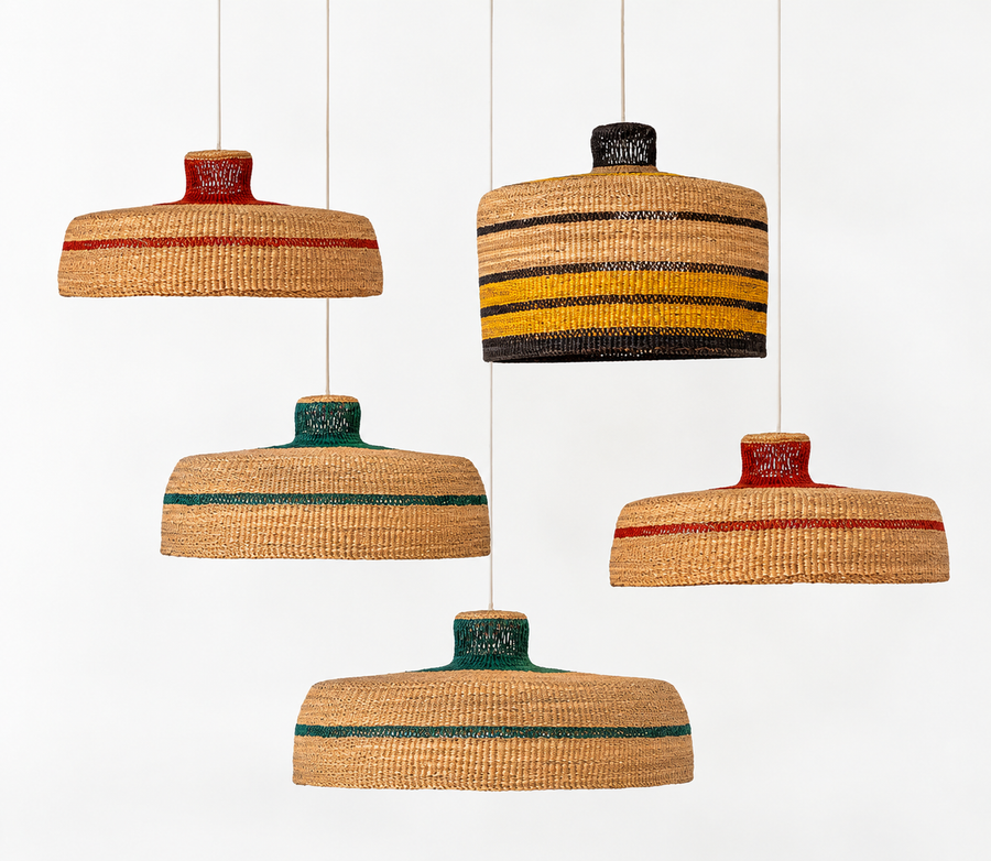 Five woven pendant lamp shades with coloured bands, hanging at different heights