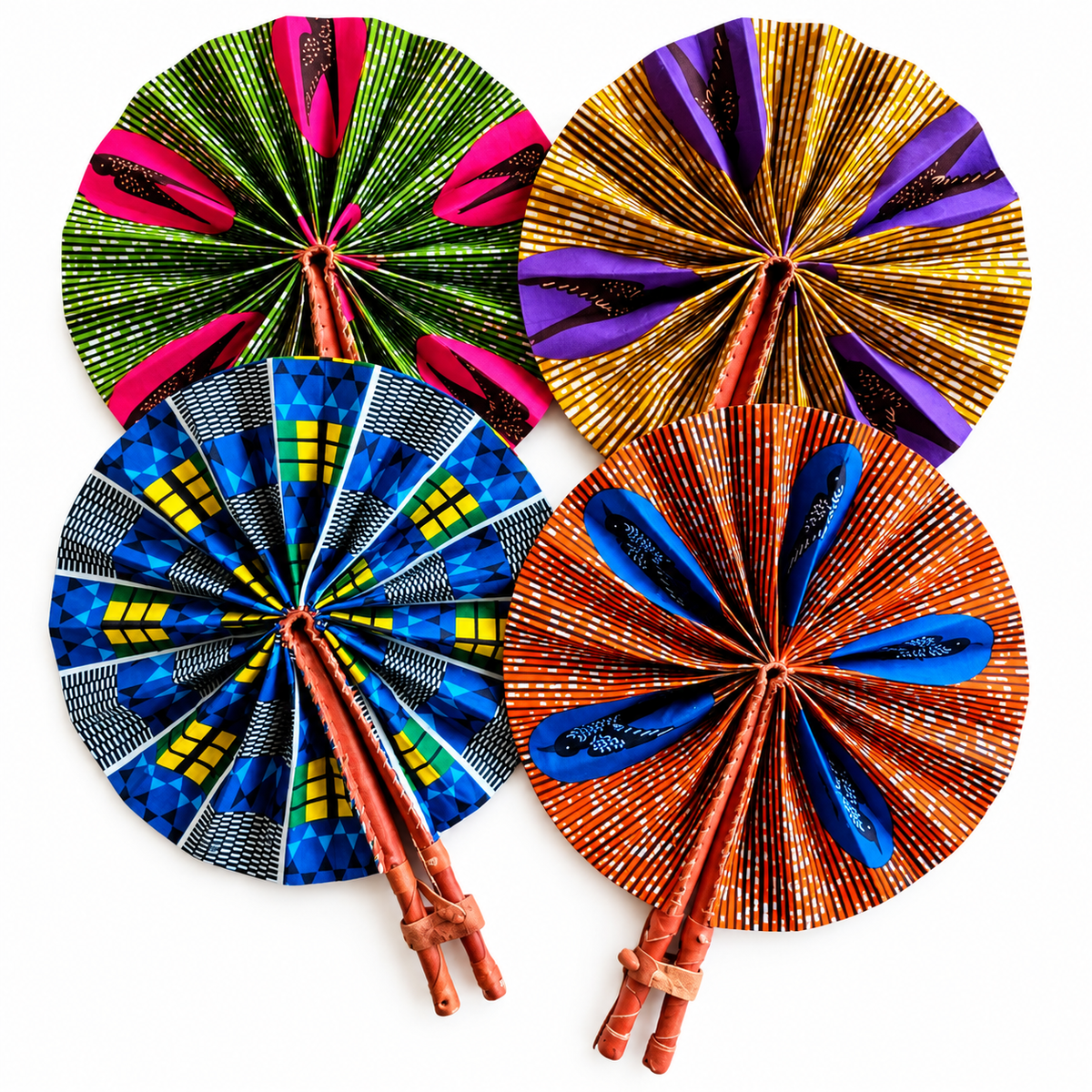 Four colourful wax-print hand fans with wooden handles
