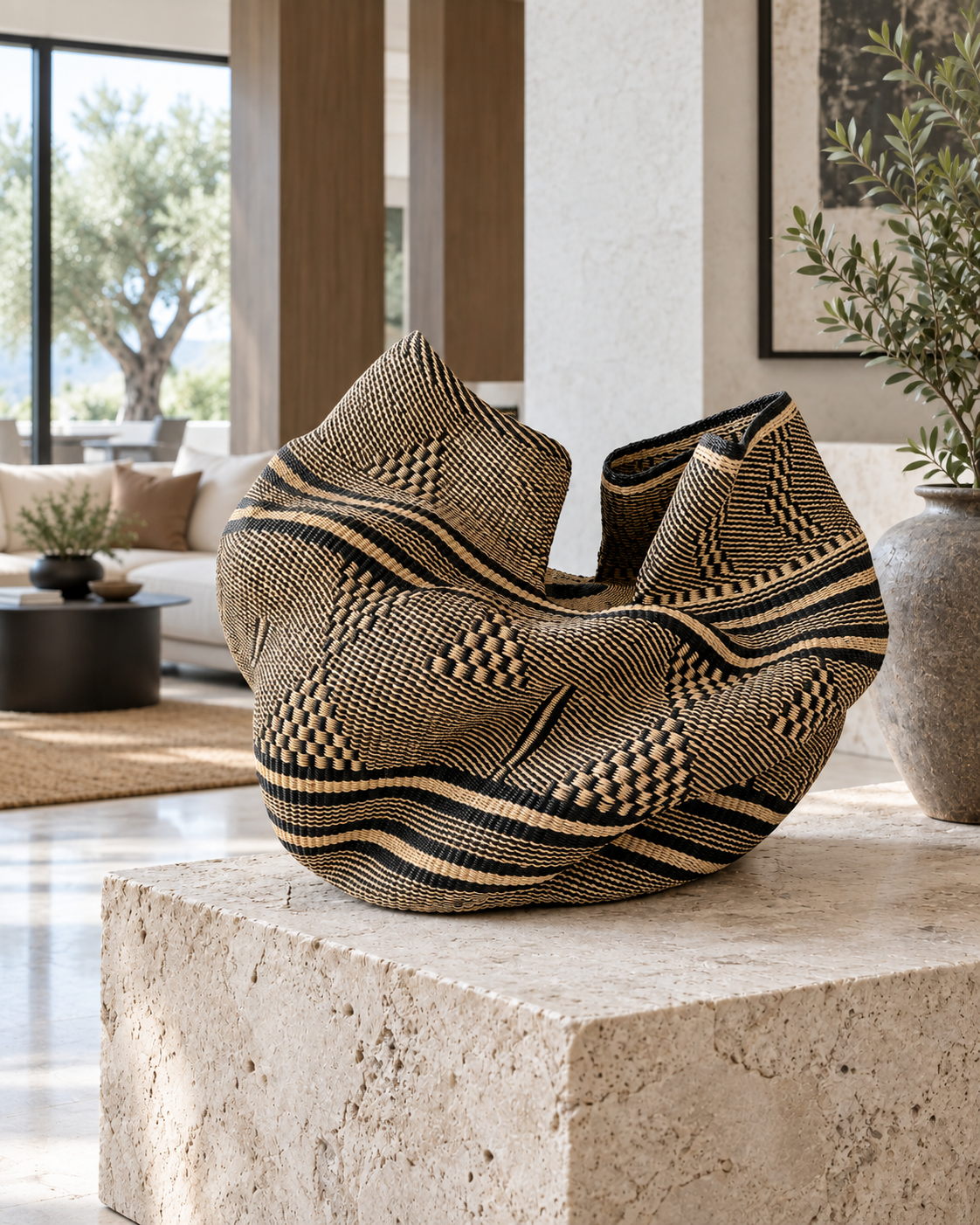 Sculptural black and natural woven vessel on a stone plinth in a bright living room