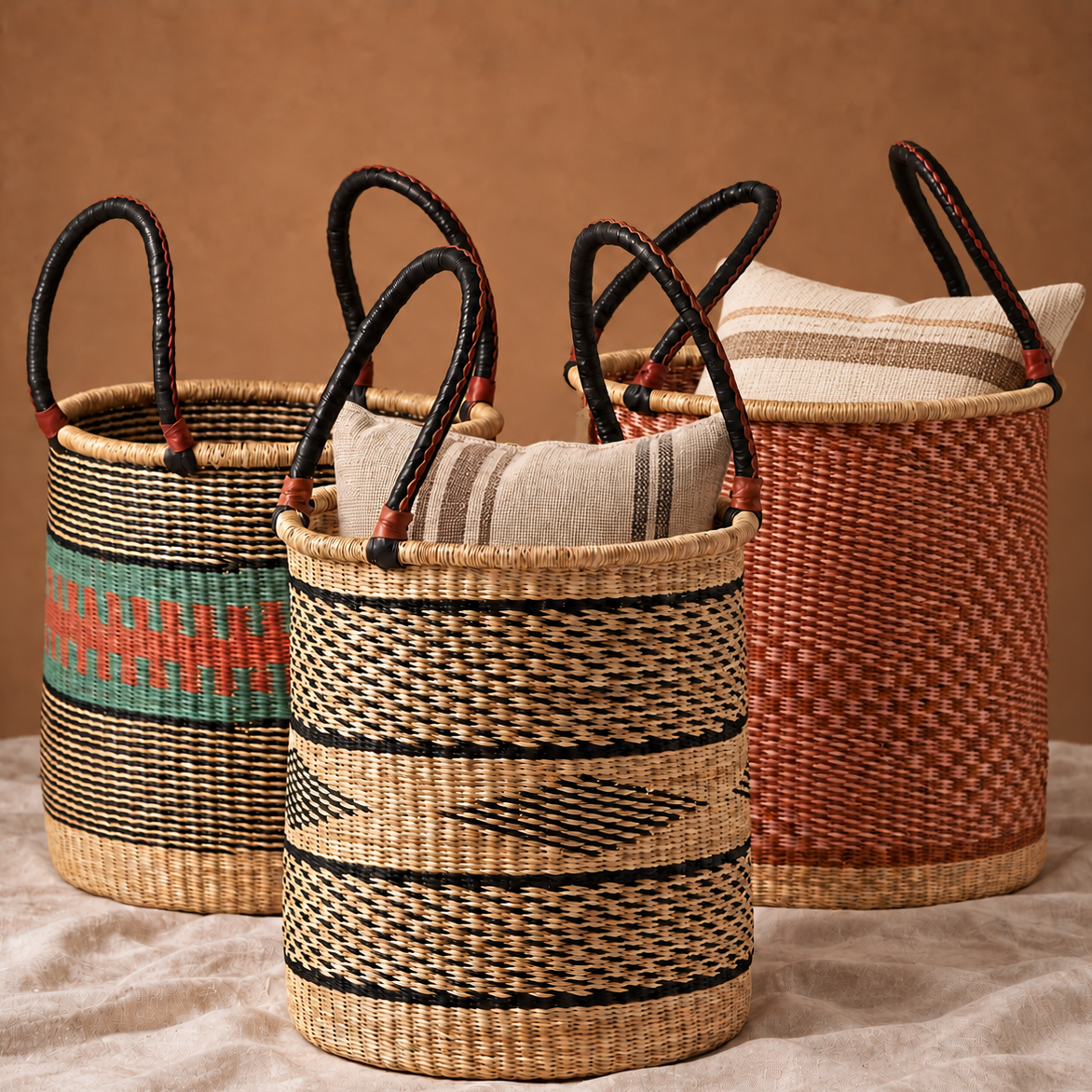 Woven baskets with black leather handles holding striped cushions