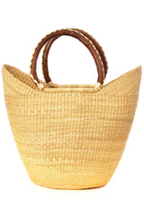 Natural tote basket with leather strap